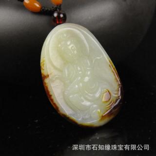 **新疆和田玉枣红皮观音吊坠 带皮玉石观音挂件男女款批发